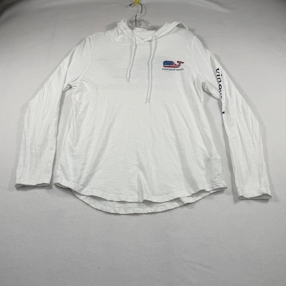 Vineyard Vines Mens White American Flag Whale Slub Hooded Long Sleeve Tee M
